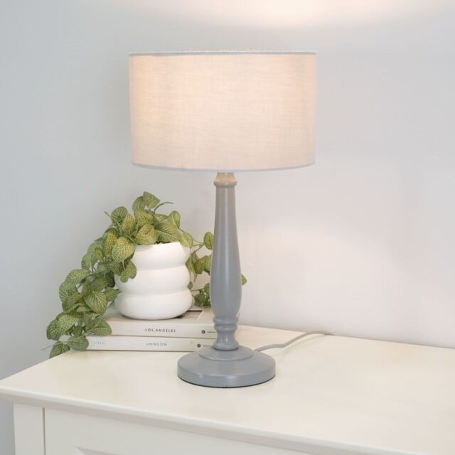 ValueLights Victoria Grey Wood Traditional Table Lamp with Fabric Drum Shade & LED Bulb - image 1