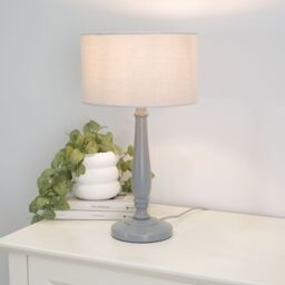 ValueLights Victoria Grey Wood Traditional Table Lamp with Fabric Drum Shade & LED Bulb - thumbnail 1