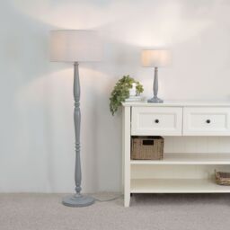 ValueLights Victoria Grey Wood Traditional Table Lamp with Fabric Drum Shade & LED Bulb - thumbnail 5