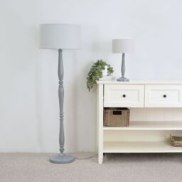 ValueLights Victoria Grey Wood Traditional Table Lamp with Fabric Drum Shade & LED Bulb - thumbnail 4