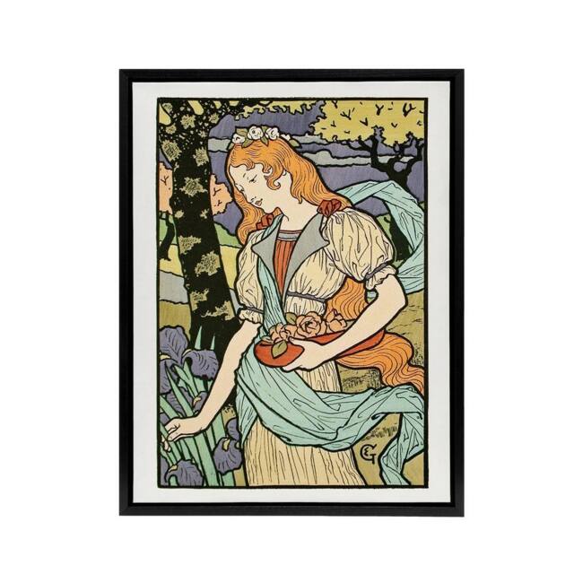 "Artery8 Salon des Cent Woman Picking Flower Grasset Framed Canvas Wall Art - Size: W12"" x H16""" - image 1