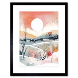 "Artery8 Wall Art Print Sunset in Winter Landscape Boho Modern Folk Artwork Framed 9X7 Inch in Black - Size: W7"" x H9""" - thumbnail 1