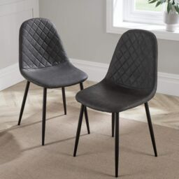 Home Source Kitchen Dining Chairs Pair Set of 2 Metal Legs Diamond Fabric Design in Dark Grey - thumbnail 2