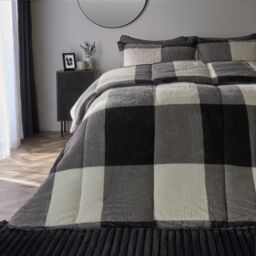 OHS Check Coverless Duvet Pillowcase Bedding Set Teddy Fleece Gingham Quilt 10.5 TOG in Light Grey - Size: King - thumbnail 1