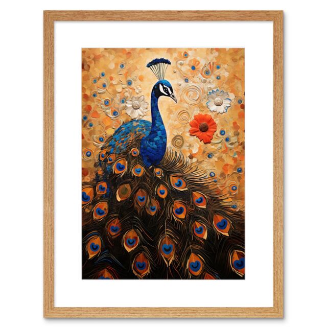 "Artery8 Wall Art Print Peacock Bird Gustav Klimt Style Oil Painting Gold Orange Blue Portrait with Flowers Artwork Framed 9X7 Inch - Size: W7"" x H9""" - image 1