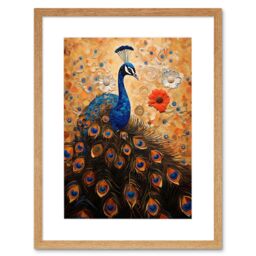 "Artery8 Wall Art Print Peacock Bird Gustav Klimt Style Oil Painting Gold Orange Blue Portrait with Flowers Artwork Framed 9X7 Inch - Size: W7"" x H9""" - thumbnail 1