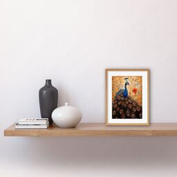 "Artery8 Wall Art Print Peacock Bird Gustav Klimt Style Oil Painting Gold Orange Blue Portrait with Flowers Artwork Framed 9X7 Inch - Size: W7"" x H9""" - thumbnail 2