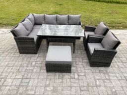 Fimous 9 Seater Outdoor Rattan Garden Furniture Set with Dining Table Big Footstool 2 Armchiars Patio Wicker Corner Sofa Set in Dark Grey - thumbnail 1