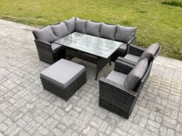 Fimous 9 Seater Outdoor Rattan Garden Furniture Set with Dining Table Big Footstool 2 Armchiars Patio Wicker Corner Sofa Set in Dark Grey - thumbnail 2