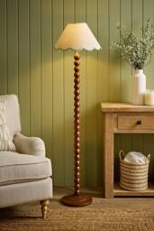 ValueLights Bobbin Colour Trim Linen Shade Walnut Bobble Floor Lamp in Pale Green