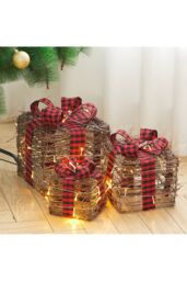 Living and Home 3Packs Christmas Ornament Decorative Lighted Gift Boxes Xmas Tree Decor in Brown - thumbnail 1