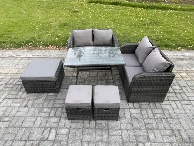 Fimous Outdoor Garden Furniture Sets 6 Pieces Rattan Furniture Manual Wicker Patio Sofa Patio Conversation Set with 3 Footstools in Dark Grey - image 1