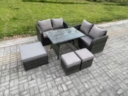 Fimous Outdoor Garden Furniture Sets 6 Pieces Rattan Furniture Manual Wicker Patio Sofa Patio Conversation Set with 3 Footstools in Dark Grey - thumbnail 2