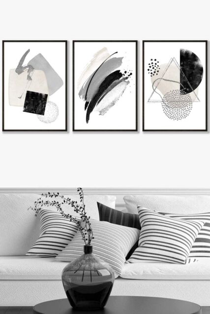 ARTZE Abstract Black Grey Ivory Watercolour Shapes Framed Wall Art - Large - Size: W53 cm x H73 cm x D20mm - image 1