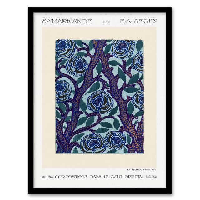 Artery8 Eugene Seguy Framed Wall Art Print Vintage Rose Bush Flower Pattern in Blue - Size: A4 - image 1