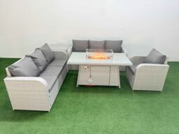 Fimous 7 Seater Poly Rattan Outdoor Garden Furniture Firepit Dining Table Sofa Set Patio 3 Seater Sofa Reclining Chair 3 Seater Sofa Side Table Light - thumbnail 1