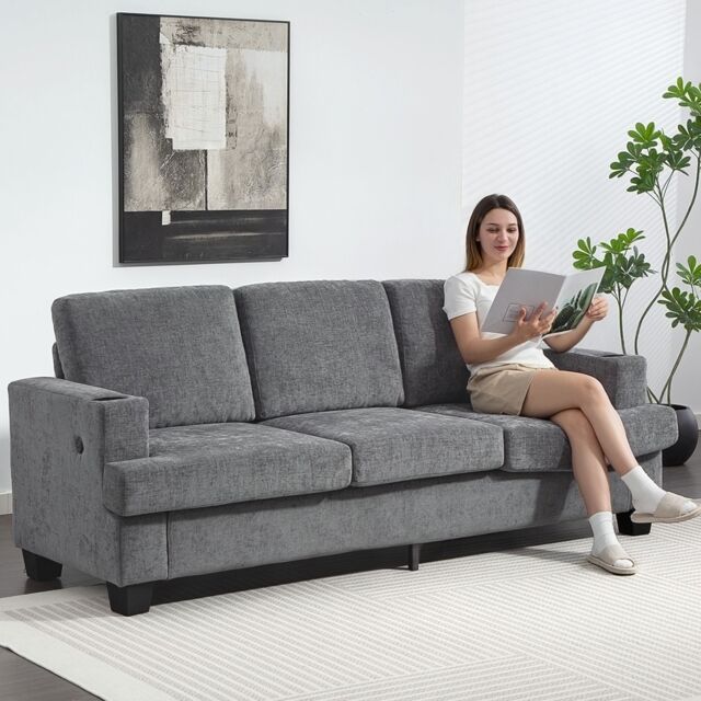 HOMCOM 3 Seater Sofa, Fabric Sofa with USB Ports & Cup Holders, Grey - image 1