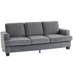 HOMCOM 3 Seater Sofa, Fabric Sofa with USB Ports & Cup Holders, Grey - thumbnail 2