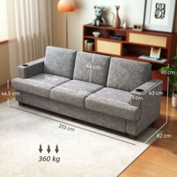 HOMCOM 3 Seater Sofa, Fabric Sofa with USB Ports & Cup Holders, Grey - thumbnail 3