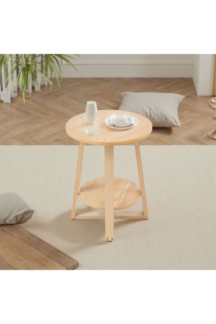 Living and Home 2-Tier Round Wooden Coffee Side Table, 50cm W x 50cm D x 60cm H in Natural - Size: 50 cm W x 50 cm D x 60 cm H - image 1