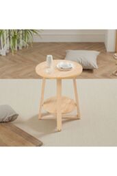 Living and Home 2-Tier Round Wooden Coffee Side Table， 50cm W x 50cm D x 60cm H in Natural - Size: 50 cm W x 50 cm D x 60 cm H - thumbnail 1