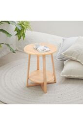 Living and Home 2-Tier Round Wooden Coffee Side Table， 50cm W x 50cm D x 60cm H in Natural - Size: 50 cm W x 50 cm D x 60 cm H - thumbnail 9