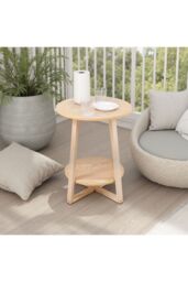 Living and Home 2-Tier Round Wooden Coffee Side Table， 50cm W x 50cm D x 60cm H in Natural - Size: 50 cm W x 50 cm D x 60 cm H - thumbnail 2
