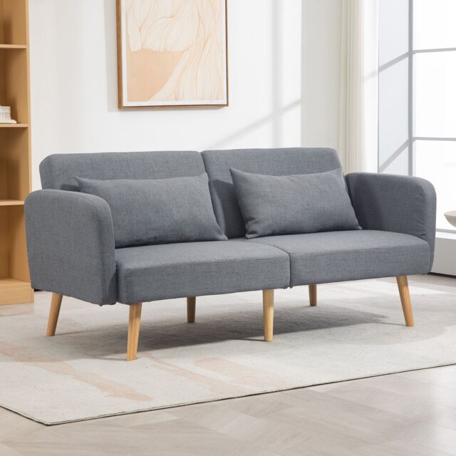 HOMCOM Convertible Sofa Bed, Fabric Sofa Couch with 2 Cushions for Living Room in Grey - Size: 2 Person