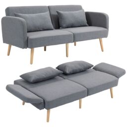 HOMCOM Convertible Sofa Bed, Fabric Sofa Couch with 2 Cushions for Living Room in Grey - Size: 2 Person - thumbnail 2
