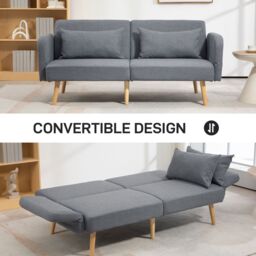 HOMCOM Convertible Sofa Bed, Fabric Sofa Couch with 2 Cushions for Living Room in Grey - Size: 2 Person - thumbnail 4