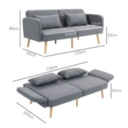 HOMCOM Convertible Sofa Bed, Fabric Sofa Couch with 2 Cushions for Living Room in Grey - Size: 2 Person - thumbnail 3