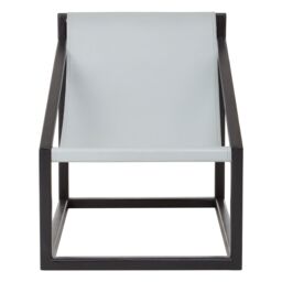 Orsina Brown Cubic Frame Chair, Leather Upholstered Armchair, Teak Wood Accent Chair For Lounge, Comfy Patio Chair in Grey