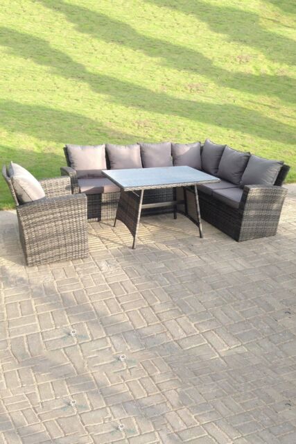 Fimous 7 Seater High Back Rattan Corner Sofa With Oblong Dining Table & Chair in Dark Grey - image 1