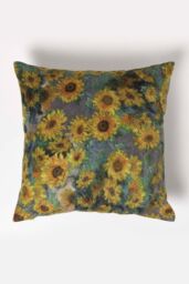 Homescapes Van Gogh Sunflowers Filled Velvet Cushion 46 x 46 cm in Taupe