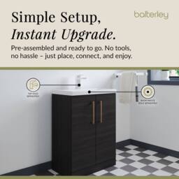 Balterley Bathroom Vanity Basin Unit, Brushed Bronze Handles, 600mm, Wood Black - thumbnail 4