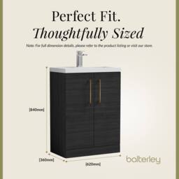 Balterley Bathroom Vanity Basin Unit, Brushed Bronze Handles, 600mm, Wood Black - thumbnail 5