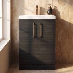 Balterley Bathroom Vanity Basin Unit, Brushed Bronze Handles, 600mm, Wood Black - thumbnail 8