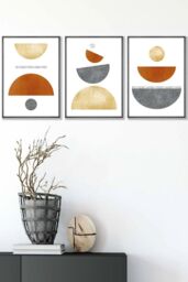 ARTZE Orange, Gold & Grey Abstract Mid Century Geometric Framed Wall Art - Medium in Dark Grey - Size: W45 cm x H62 cm x D20mm