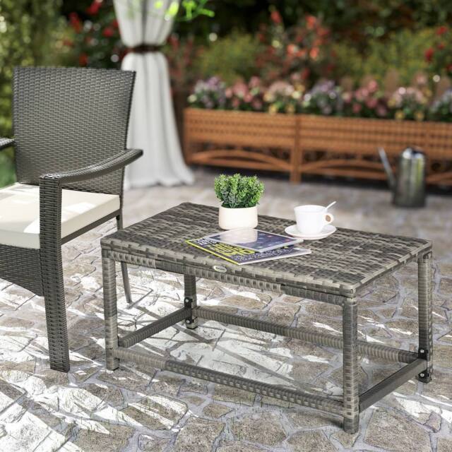 OUTSUNNY Outdoor Coffee Table w/ Plastic Board Under the Full Woven Table Top, Grey - image 1