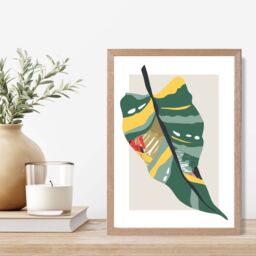 ARTZE Tropical Palm Green & Red Minamilist Framed Print SIZE: A2 with Oak Frame - thumbnail 2