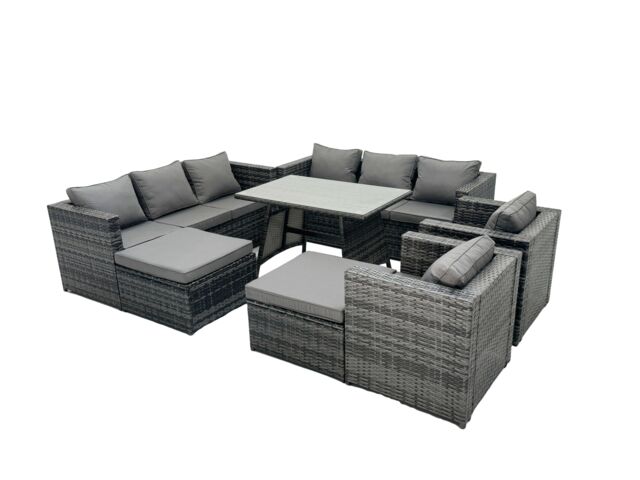 Fimous Rattan Dining Table Sofa Set with 2 Big Footstools Outdoor 10 Seat in Dark Grey - image 1