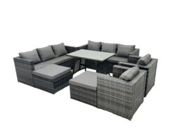 Fimous Rattan Dining Table Sofa Set with 2 Big Footstools Outdoor 10 Seat in Dark Grey - thumbnail 1