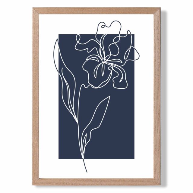 ARTZE Navy Blue & White Flower Floral Line Art Framed Print SIZE: A3 with Oak Frame - image 1