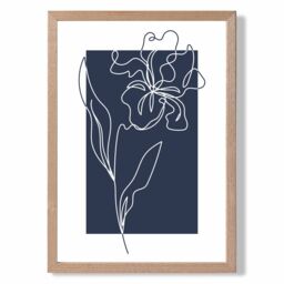 ARTZE Navy Blue & White Flower Floral Line Art Framed Print SIZE: A3 with Oak Frame - thumbnail 1