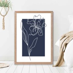 ARTZE Navy Blue & White Flower Floral Line Art Framed Print SIZE: A3 with Oak Frame - thumbnail 2