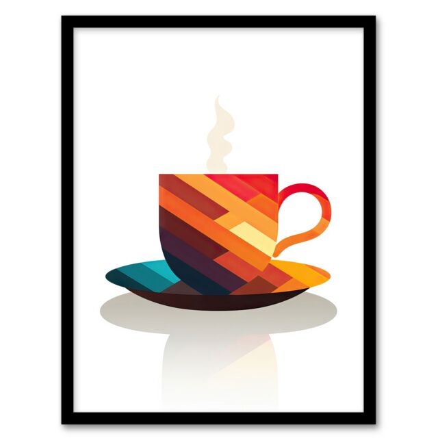 Artery8 Bold Modern Kitchen Art Coffee Cup Geometric 2D Graphic Design Minimalist Art Print Framed Poster Wall Decor in Black - Size: A4 - image 1