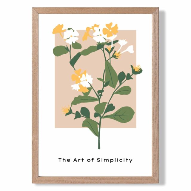 ARTZE Wildflower in Green & Beige Flower Market Minimalist Framed Print SIZE: A2 with Oak Frame - Size: A3 - image 1