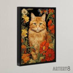 "Artery8 Ginger Tabby Cat Floral Painting Framed Canvas Wall Art Print in Green - Size: W12"" x H16""" - thumbnail 2