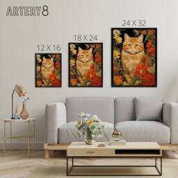 "Artery8 Ginger Tabby Cat Floral Painting Framed Canvas Wall Art Print in Green - Size: W12"" x H16""" - thumbnail 4