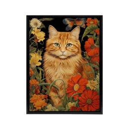 "Artery8 Ginger Tabby Cat Floral Painting Framed Canvas Wall Art Print in Green - Size: W12"" x H16""" - thumbnail 1